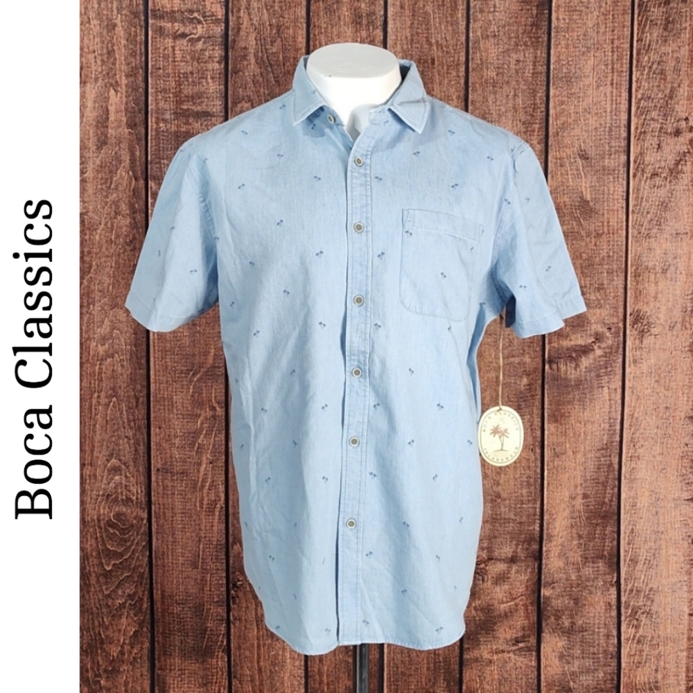 NWT Islandwear Mens Palm Print Blue Chambray Short Sleeve Button Up